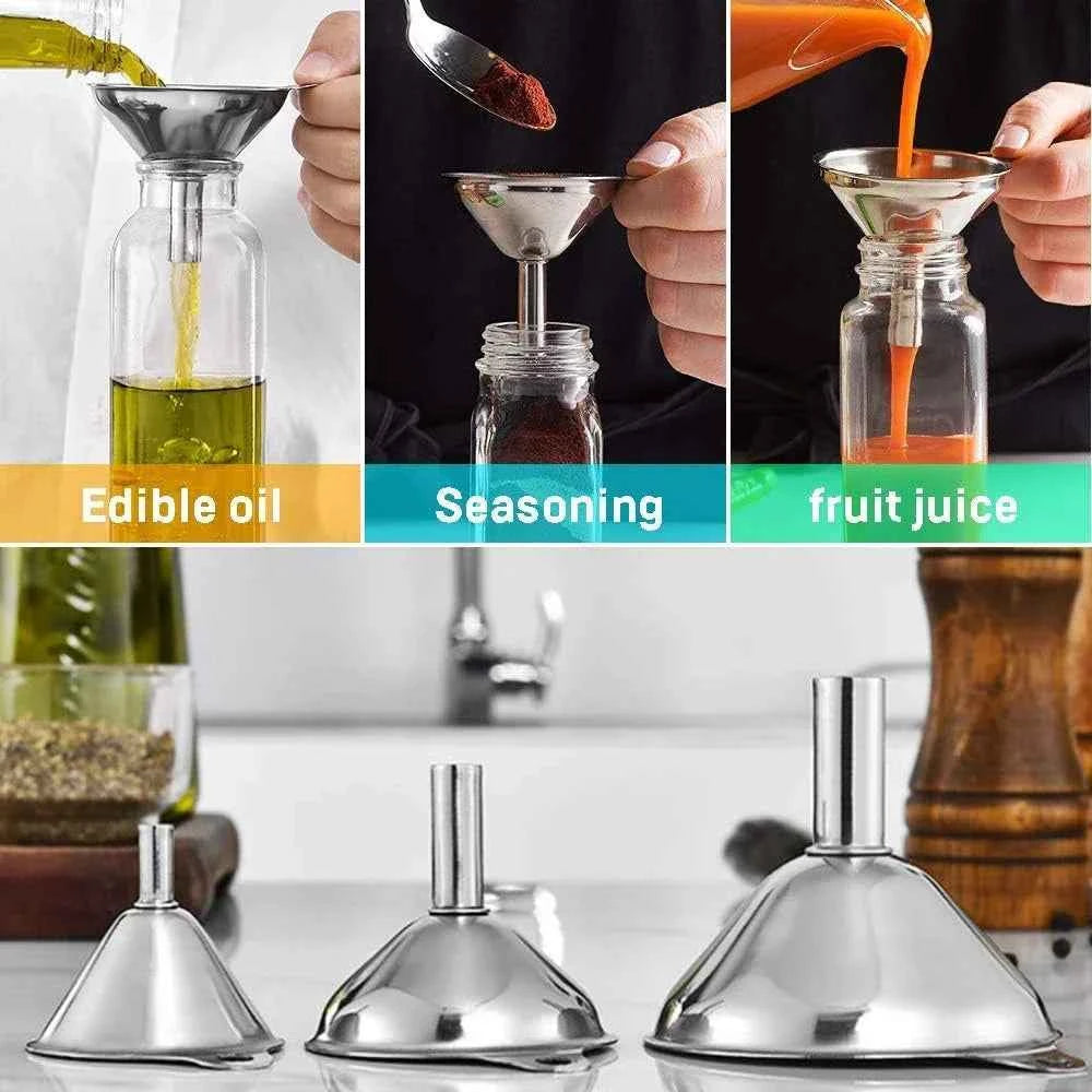 3/5pc Steel Kitchen Funnel Set-FoodGrade Essential Oil Spices Bottles,Small Metal w/Wide Mouth Easy Clean,Durable Tool
