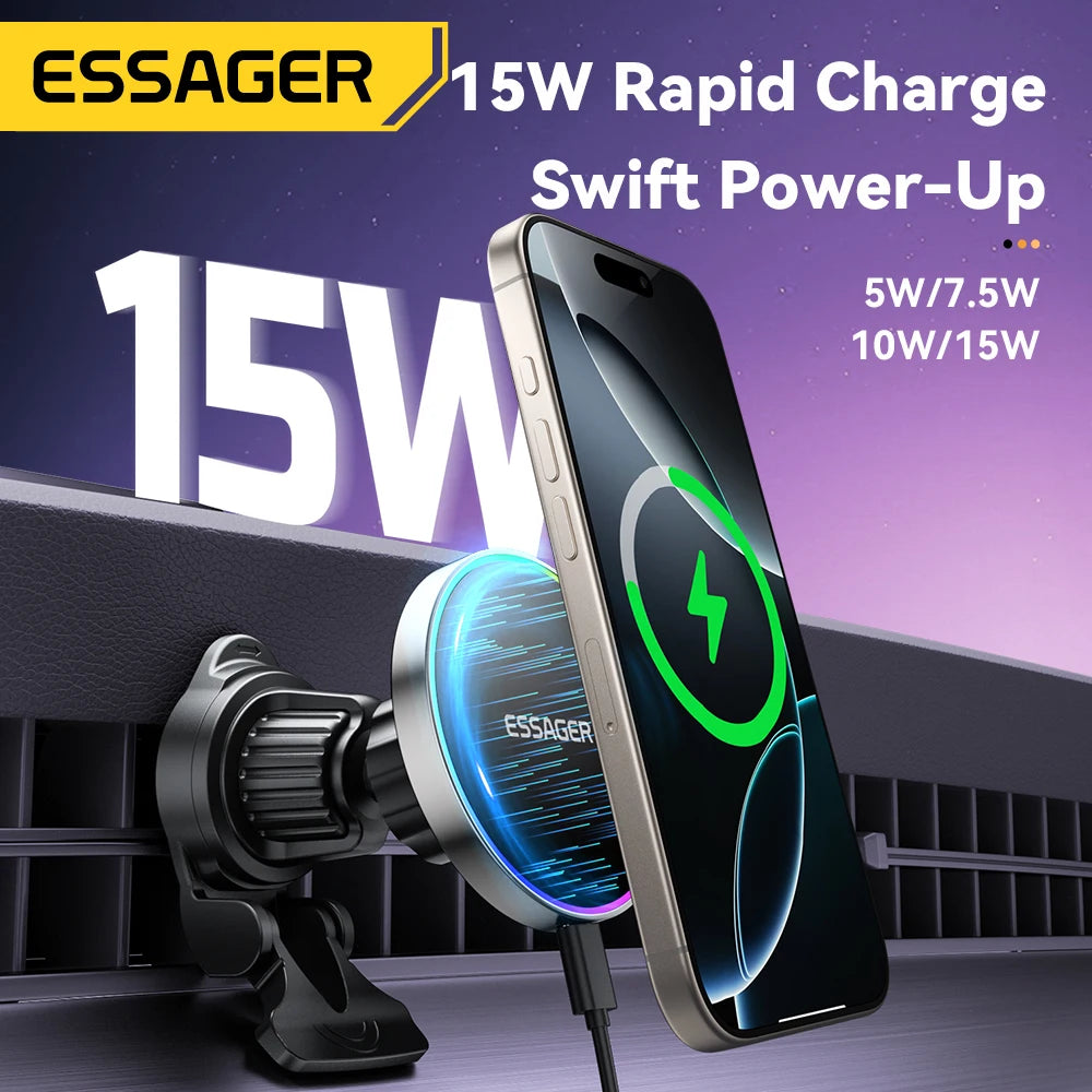 Essager RGB Magnetic Car Phone Holder with 15W Wireless Qi Charging