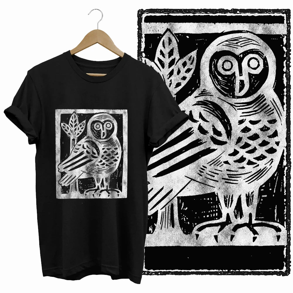 COOLMIND Black Owl Graphic Cotton T-Shirt | Women's Relaxed Fit