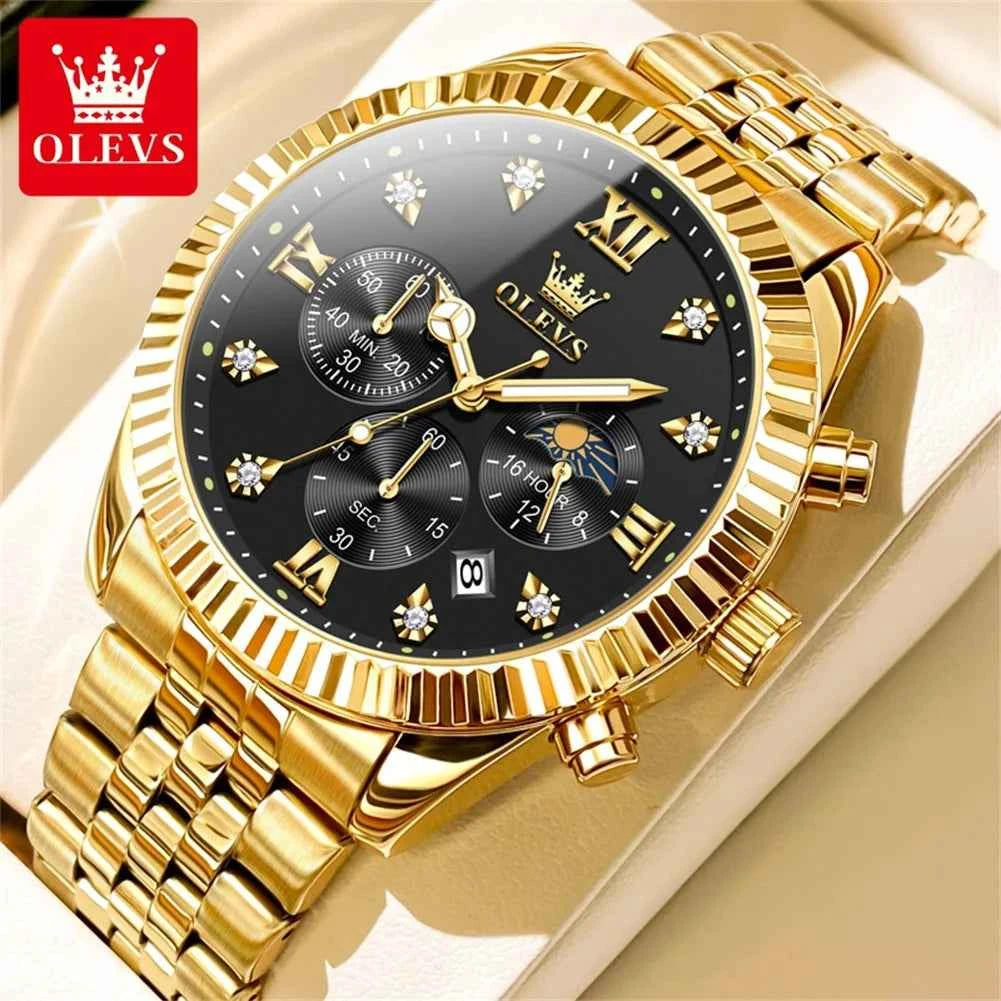 OLEVS 2932 Mens Luxury Watch - Original Brand Calendar Quartz Moon Phase Multifunctional Chronograph for Men Gifts