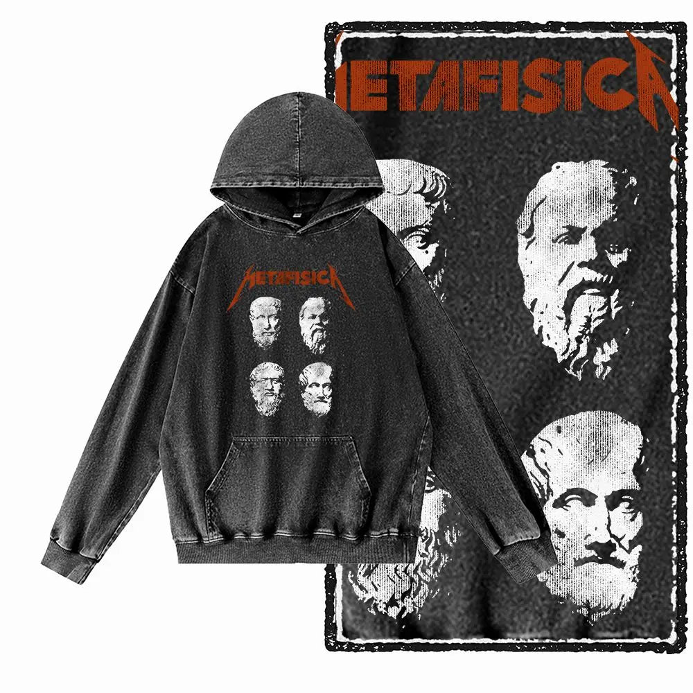 COOLMIND G25 Vintage Print Acid-Washed Black Hoodie