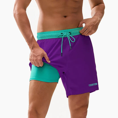 Men's beach embroidery logo swim shorts with long lining, elastic waist, and sporty design, perfect for gym or boat trips.