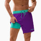 Men's beach embroidery logo swim shorts with long lining, elastic waist, and sporty design, perfect for gym or boat trips.