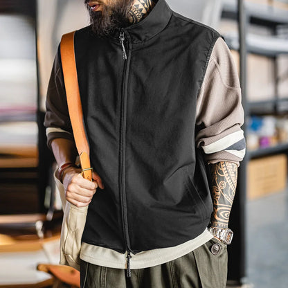 Maden Outdoor Men's Stand Collar Zip-Up Vest Lightweight Black Quick Dry Camping Fishing Waistcoat for Summer Sleeveless Jacket