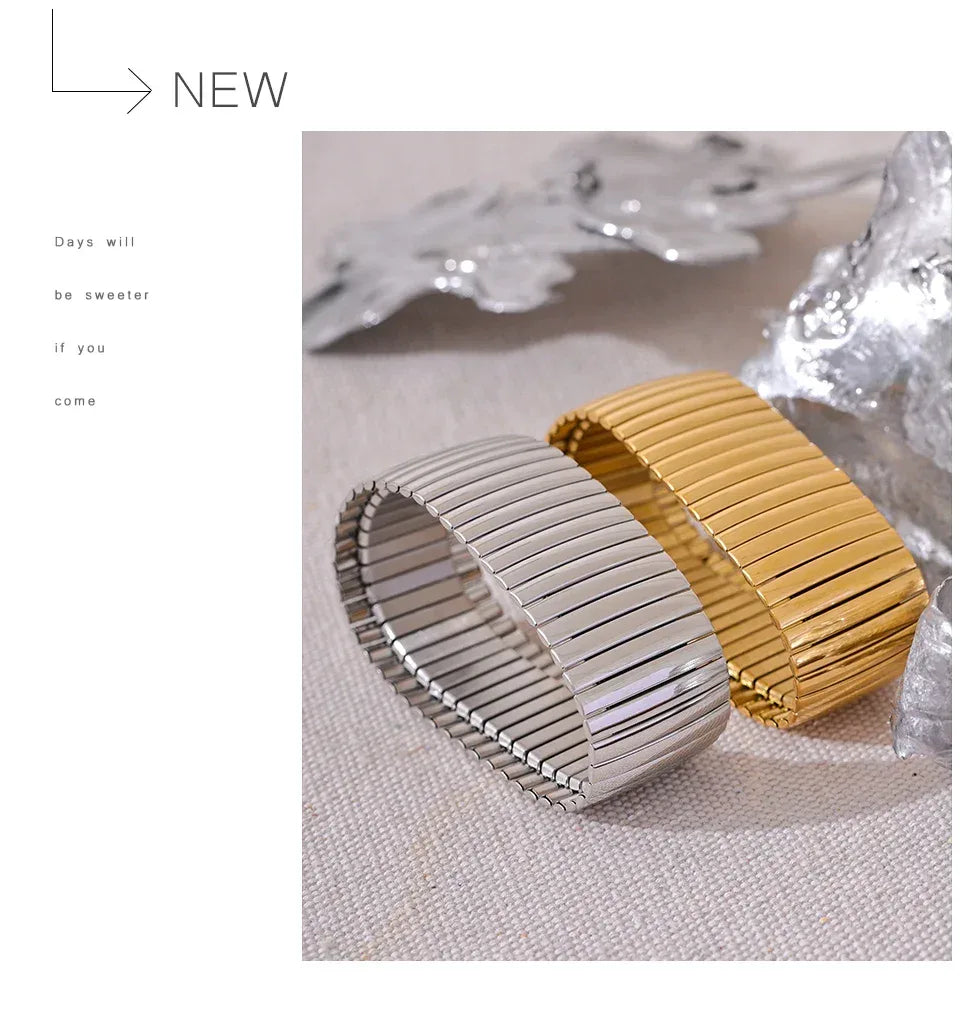 Elastic 316L Stainless Steel Metal Wide Big Statement Bracelet Bangle - ShopHub
