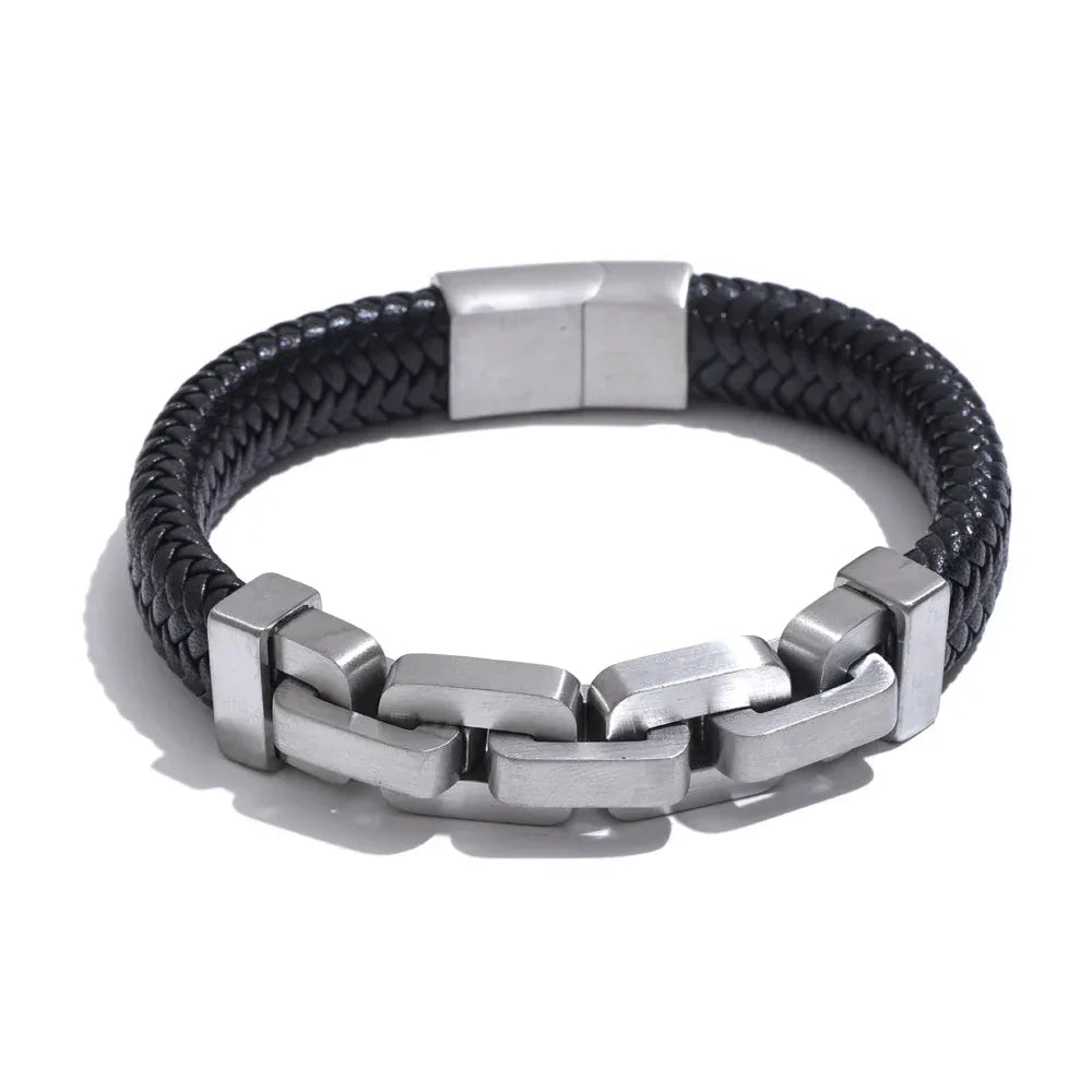 18K PVD Plated Stainless Steel Metal Chain Leather Handmade Men's Bracelet Bangle - ShopHub