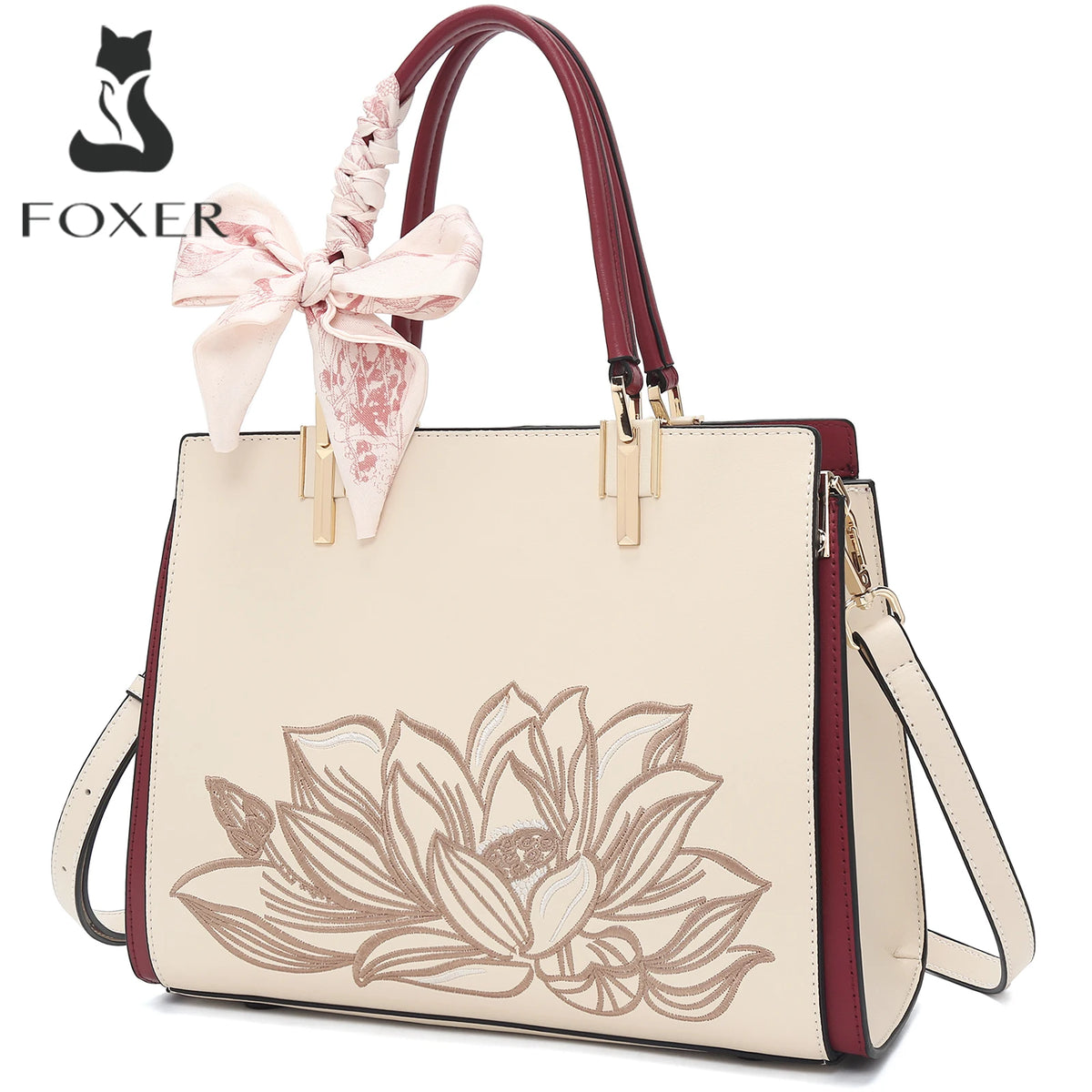 FOXER Luxury Embroidery Women's Handbag Split Leather Elegant Lady Tote Bag Chinese Style Shoulder Bag Best Mother's Day Gift