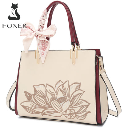 FOXER Luxury Embroidery Women's Handbag Split Leather Elegant Lady Tote Bag Chinese Style Shoulder Bag Best Mother's Day Gift
