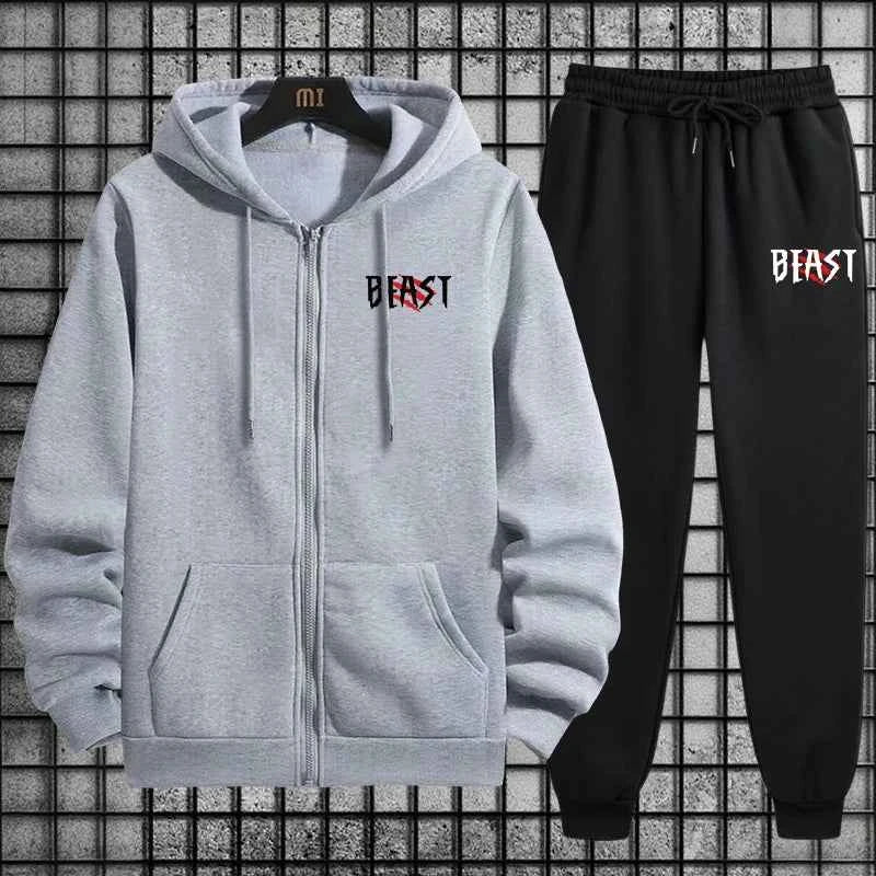 Men Tracksuit Set 2 Pieces Zipper Hoodie and Sweatpants Urban Streetwear Outfit for Autumn Winter Sportswear Fashion