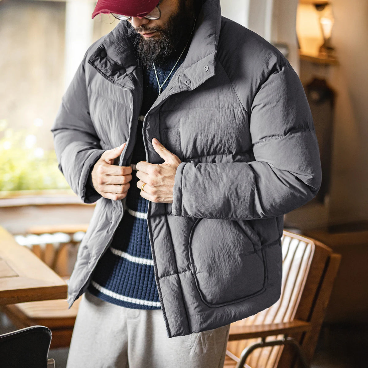 MADEN Retro Raglan Padded Jacket | Grey