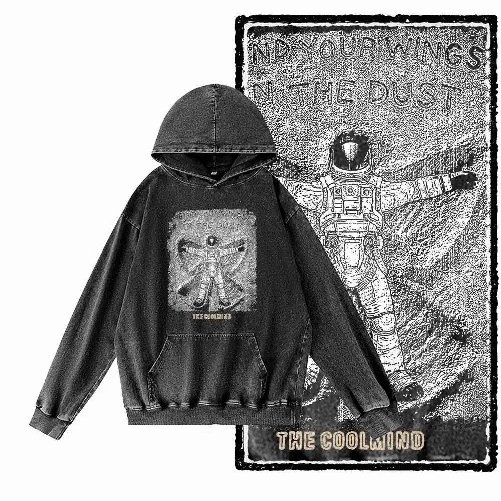 Cosmic Drift Space Graphic Acid-Washed Black Hoodie