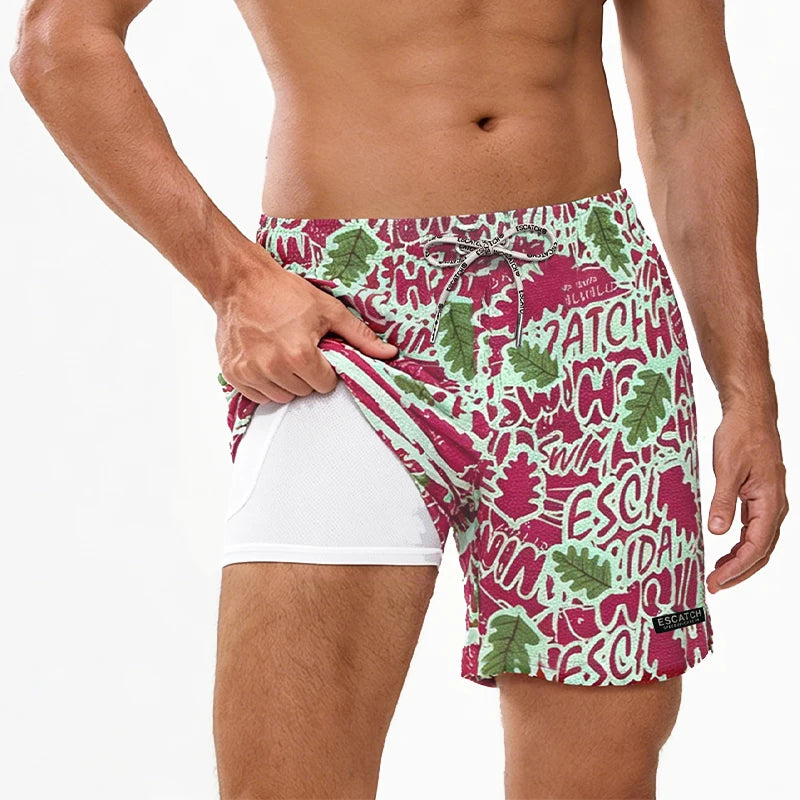 Men's Boardshorts by ShopHub NZ featuring classic print, elastic waist, 2-in-1 design, suitable for beach and sport activities.