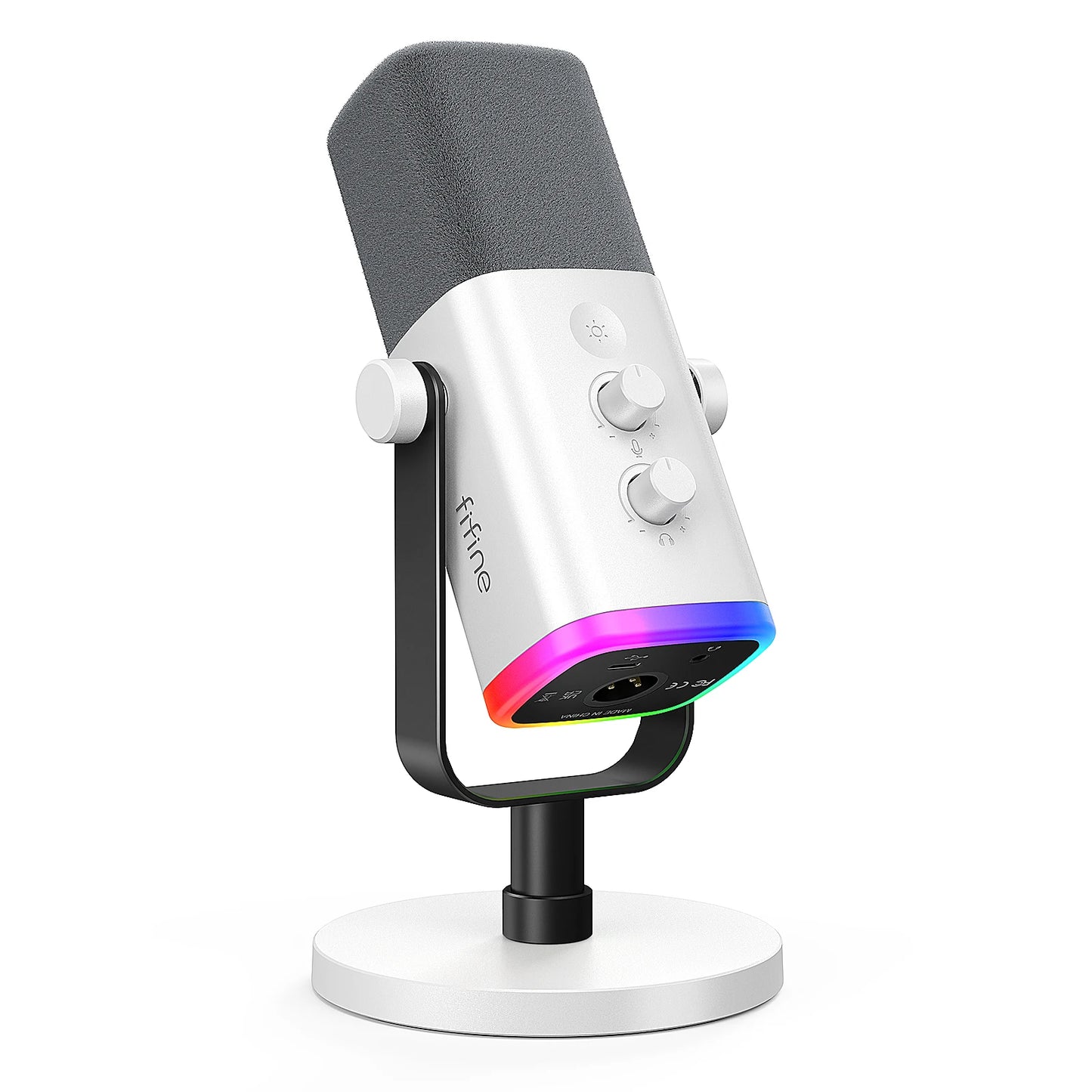 FIFINE USB/XLR gaming microphone on a desk, featuring a sleek black design with adjustable stand and built-in controls.