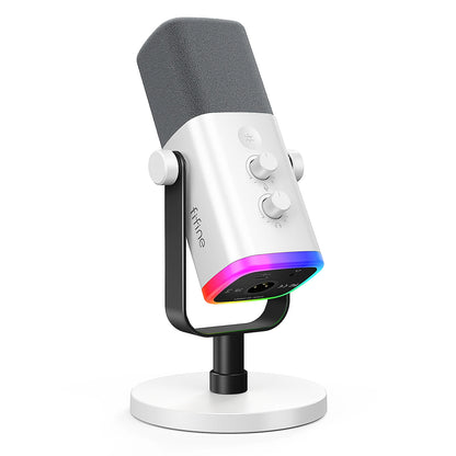 FIFINE USB/XLR gaming microphone on a desk, featuring a sleek black design with adjustable stand and built-in controls.
