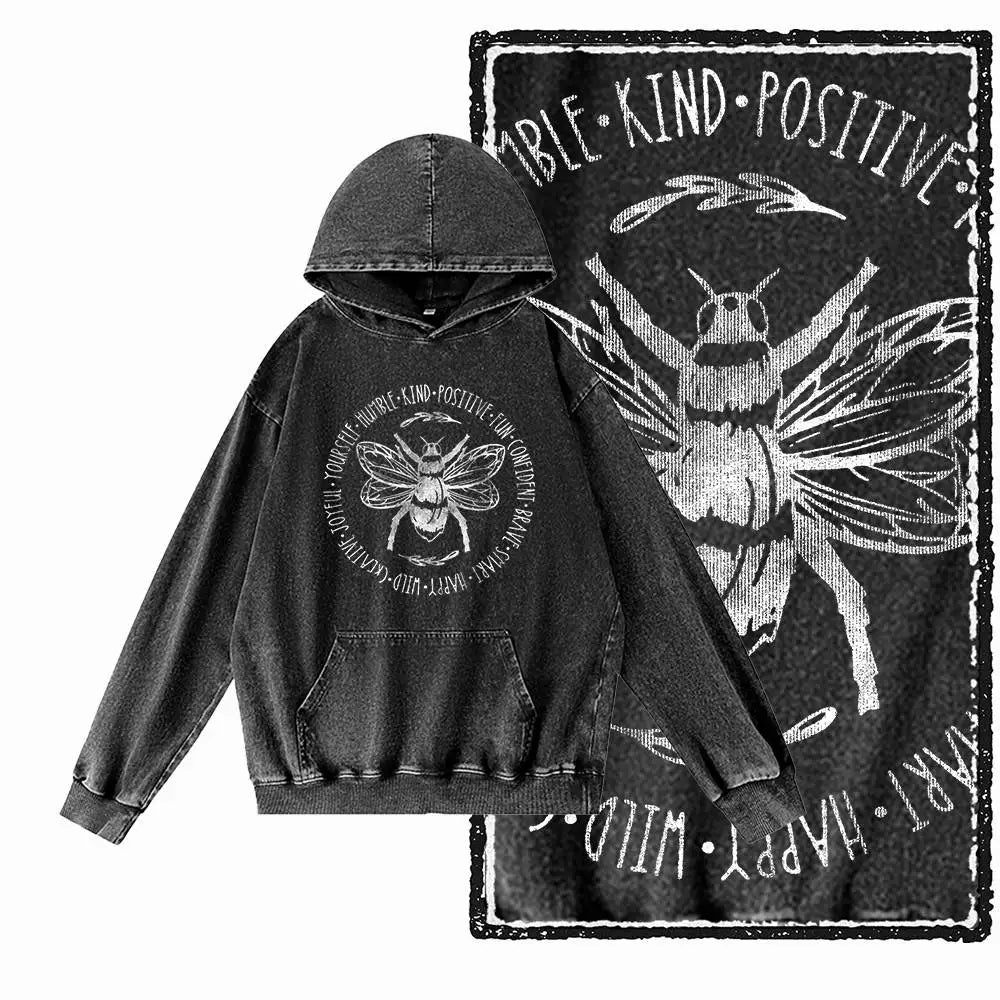 Hive Mind Bees Graphic Acid-Washed Black Hoodie