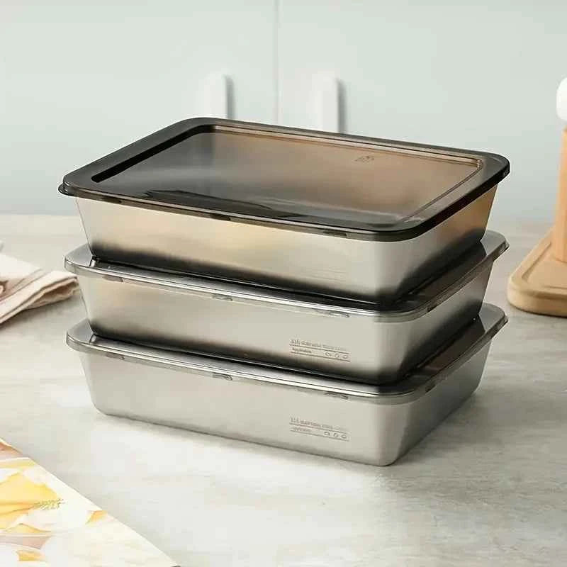 4Pcs Stainless Steel Food Containers with Black Lids, Kitchens Accessories, Holds Knives, Stackable Kitchen Storage
