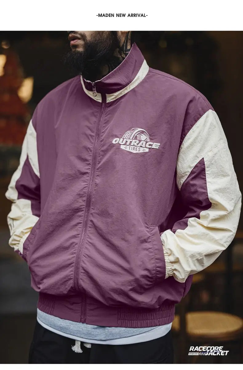 Maden Vintage Splice Racing Jacket Men's Spring Embroidered Outdoor Motorcycle Style Zip-Up Outerwear Lapel Casual Blue Jackets