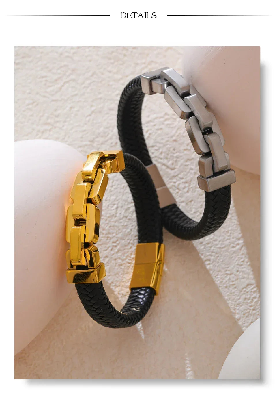 18K PVD Plated Stainless Steel Metal Chain Leather Handmade Men's Bracelet Bangle - ShopHub