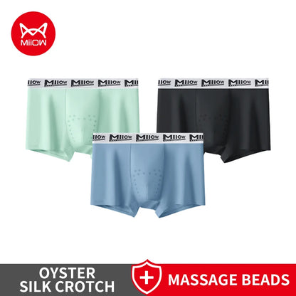 MiiOW 3Pcs Men's Breathable Underwear Ice Silk 10A Antibacterial Boxershorts with 101 Massage Beads