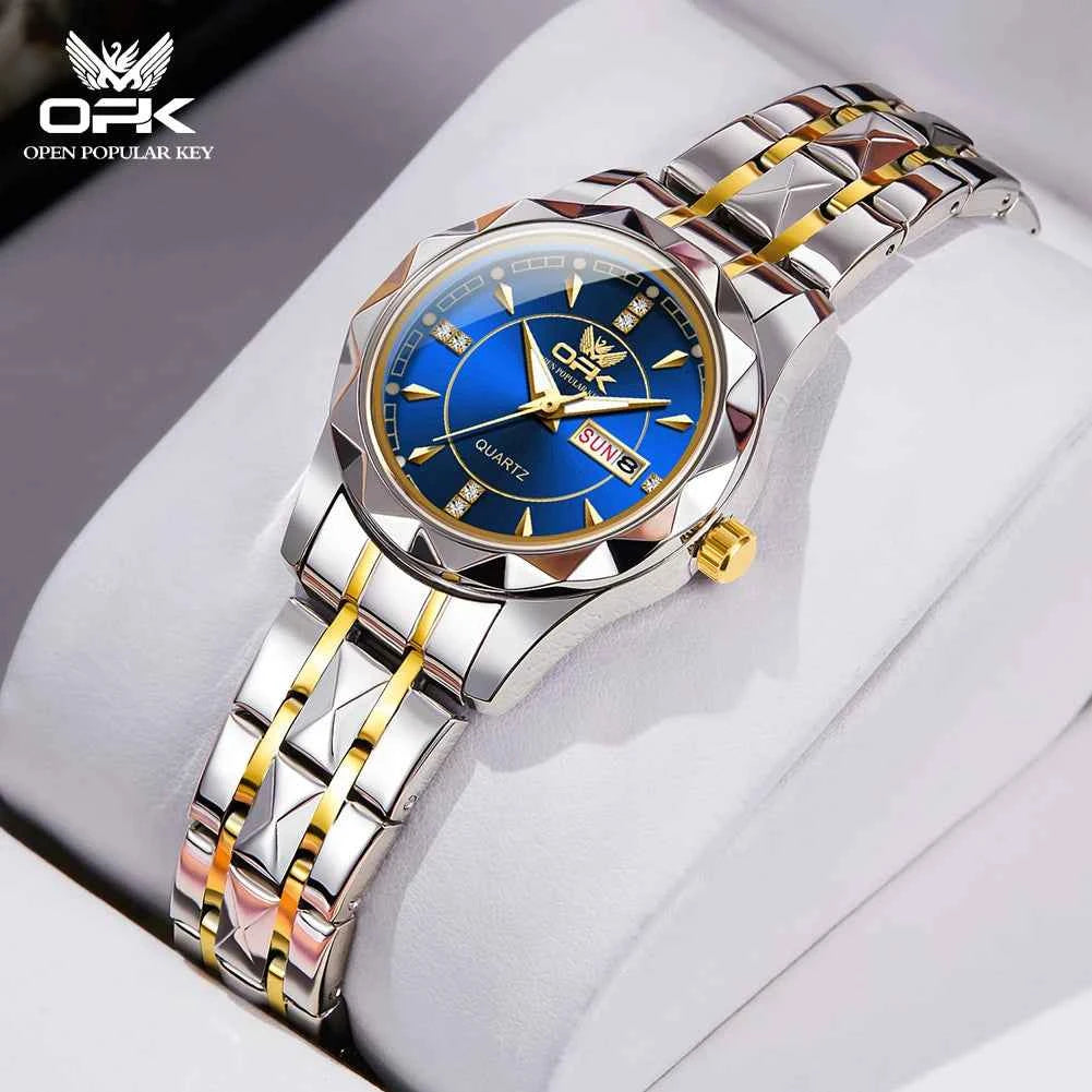 OPK 8151 Unisex Quartz Watch Waterproof Luminous Stainless Steel Automatic Date Dual Calendar Design