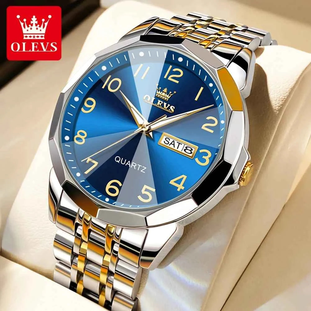 OLEVS 9970 Mens Watch with Original Mirror Quartz Movement, Waterproof, Luminous Dual Calendar - Perfect Mens Gifts Reloj