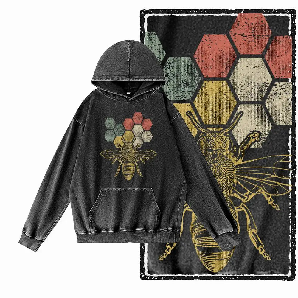 Hive Mind Bees Graphic Acid-Washed Black Hoodie