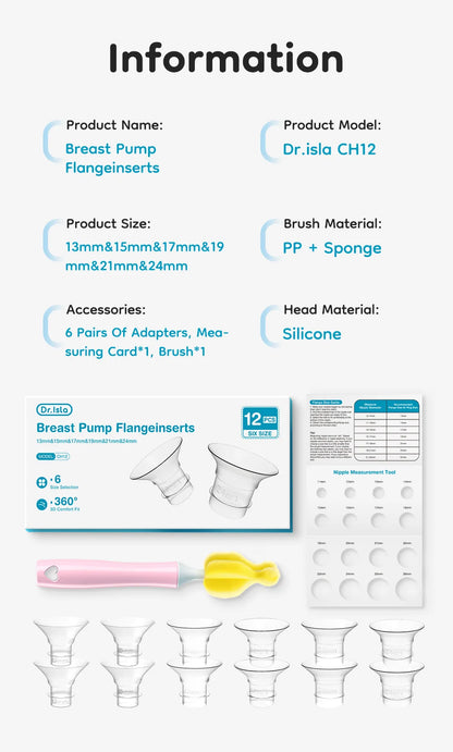 Product information sheet for Dr. Isla CH12 breast pump flangeinserts with images and text.