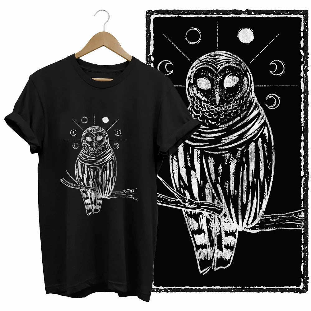 COOLMIND Black Owl Graphic Cotton T-Shirt | Women's Relaxed Fit