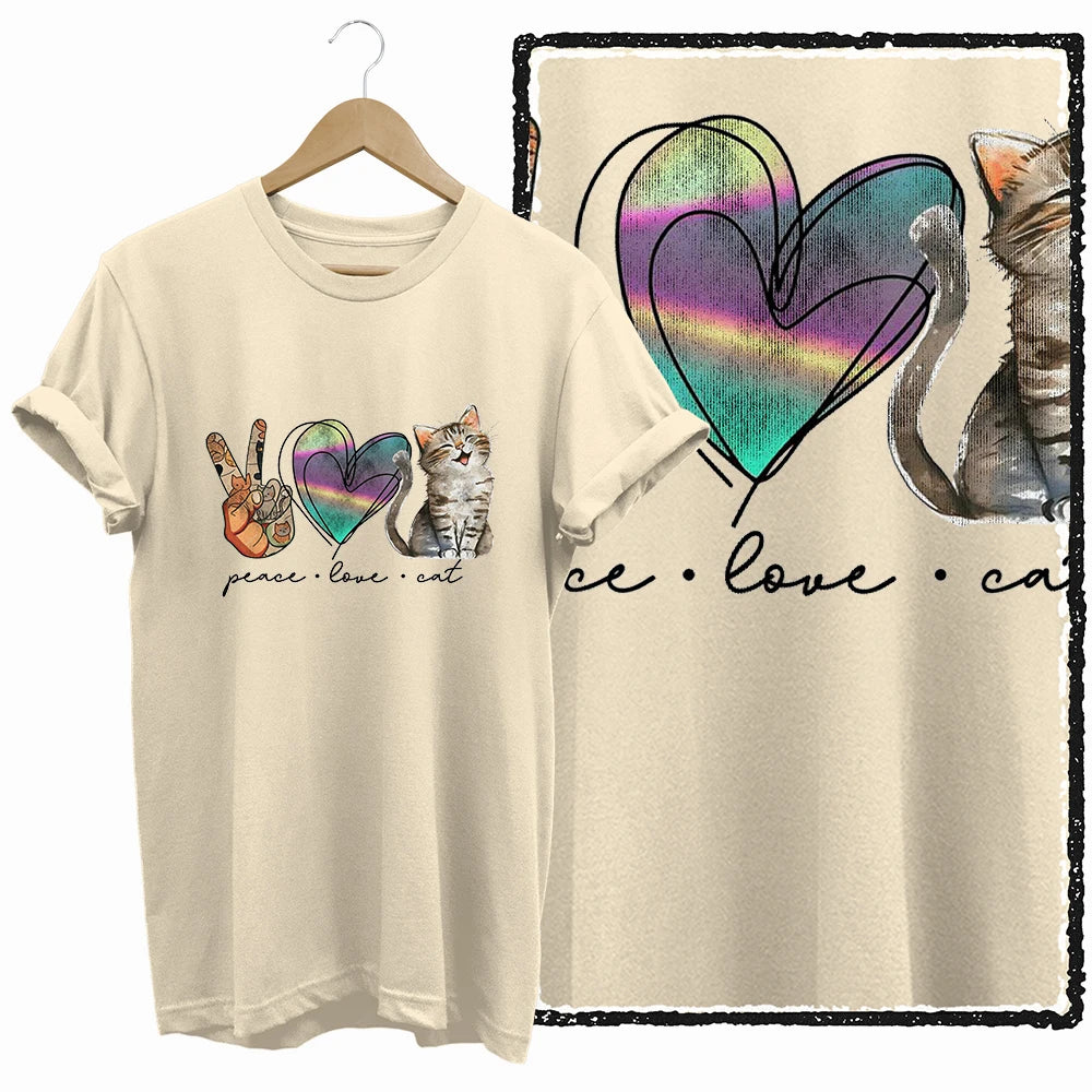COOLMIND 100% Cotton Beige Cat Print Exclusive Graphic Women T Shirt Big Size Loose Cotton Cat Lover Women T Shirt Lovely Cat Te