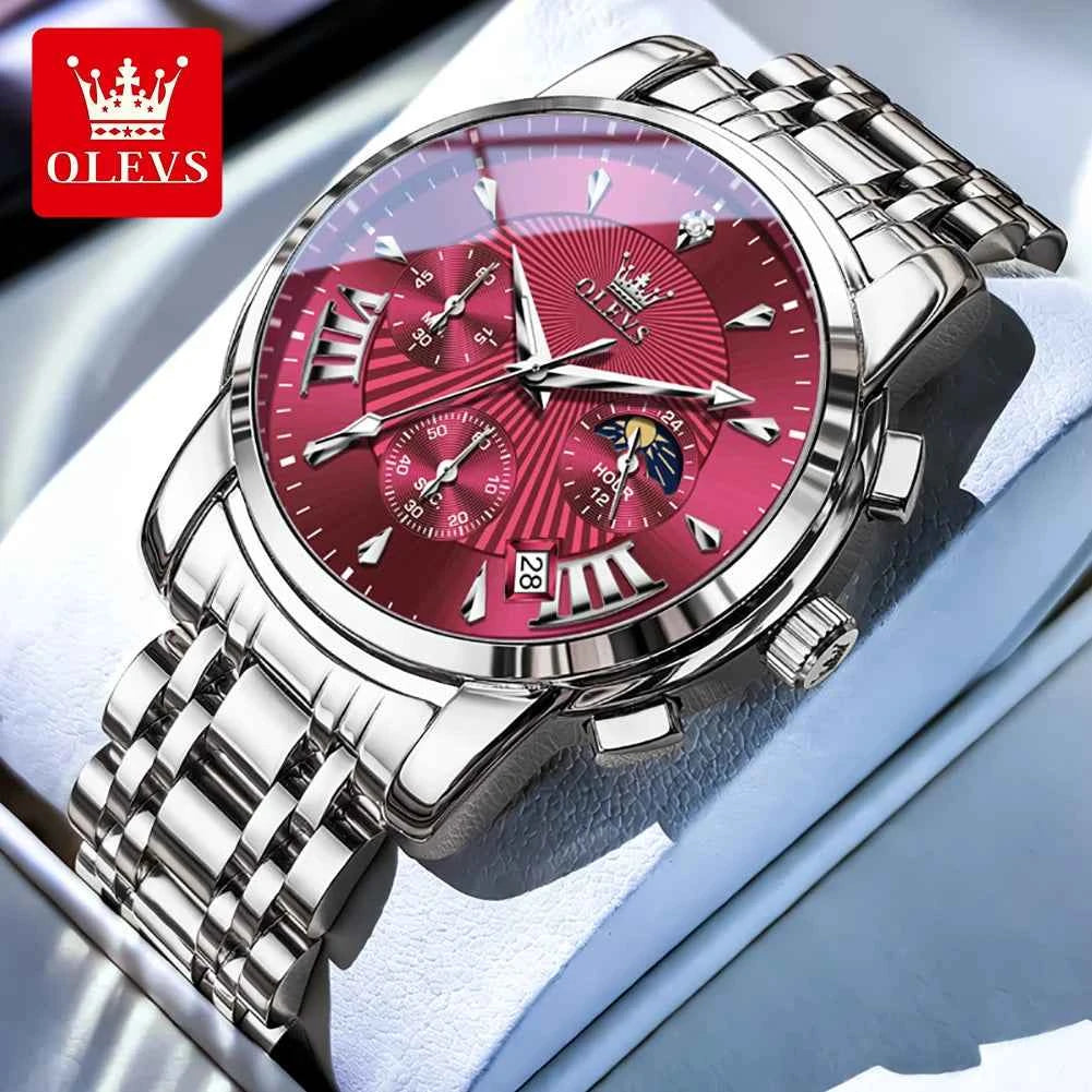 OLEVS 2892 Mens Business Quartz Watch with Moon Phase Multifunctional Chronograph and Calendar Window