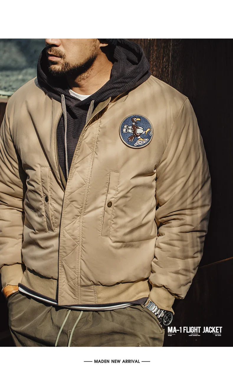 Maden Reversible MA-1 Flight Jackets for Men Baseball Collar Small Square Texture Fall and Winter Thickened Coats Cotton Jacket