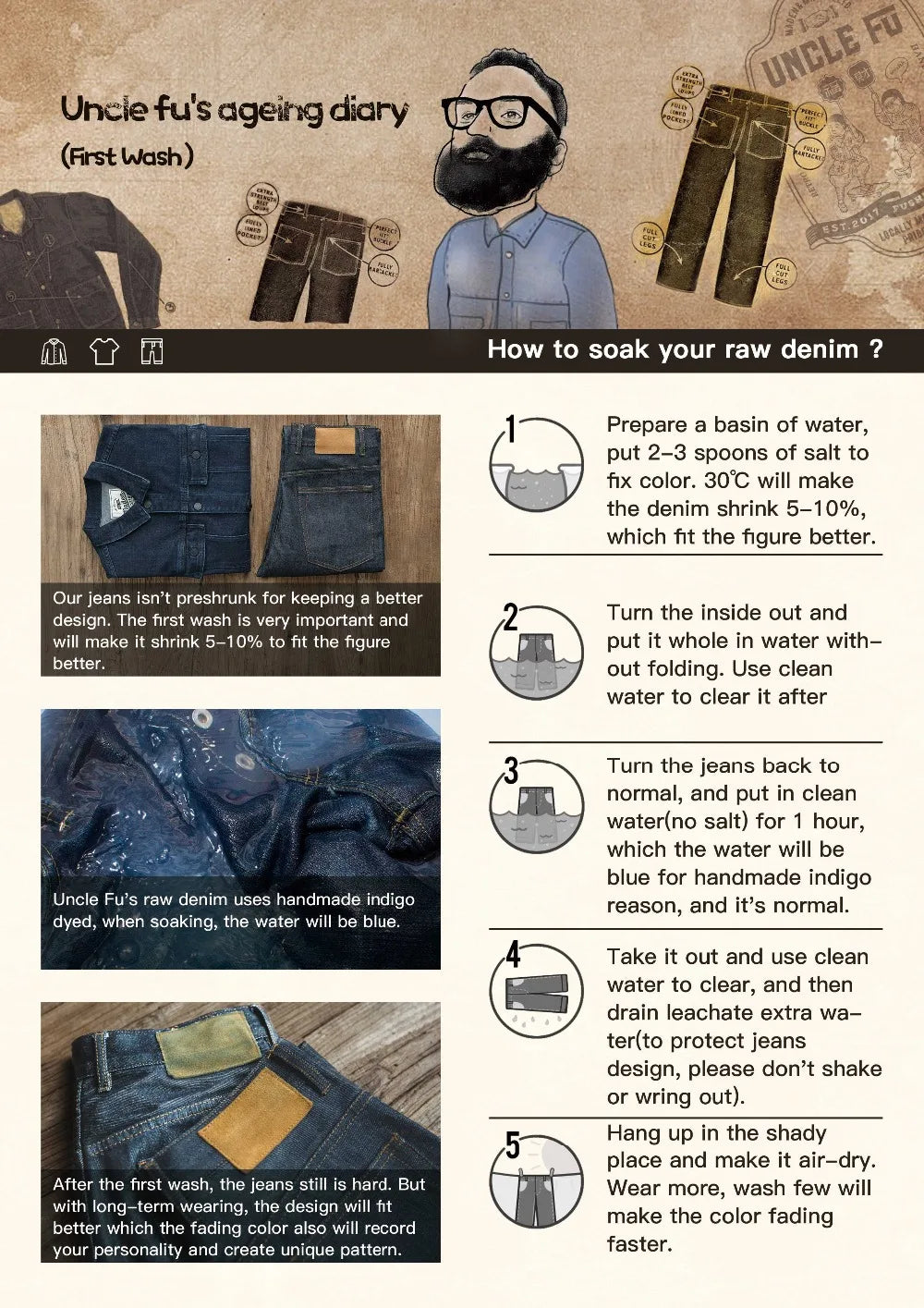 Maden Men's Vintage 11.2oz White Cottonseed Hull Jeans Casual Baggy Fit Straight Trousers for Spring and Fall Chino Cargo Pants