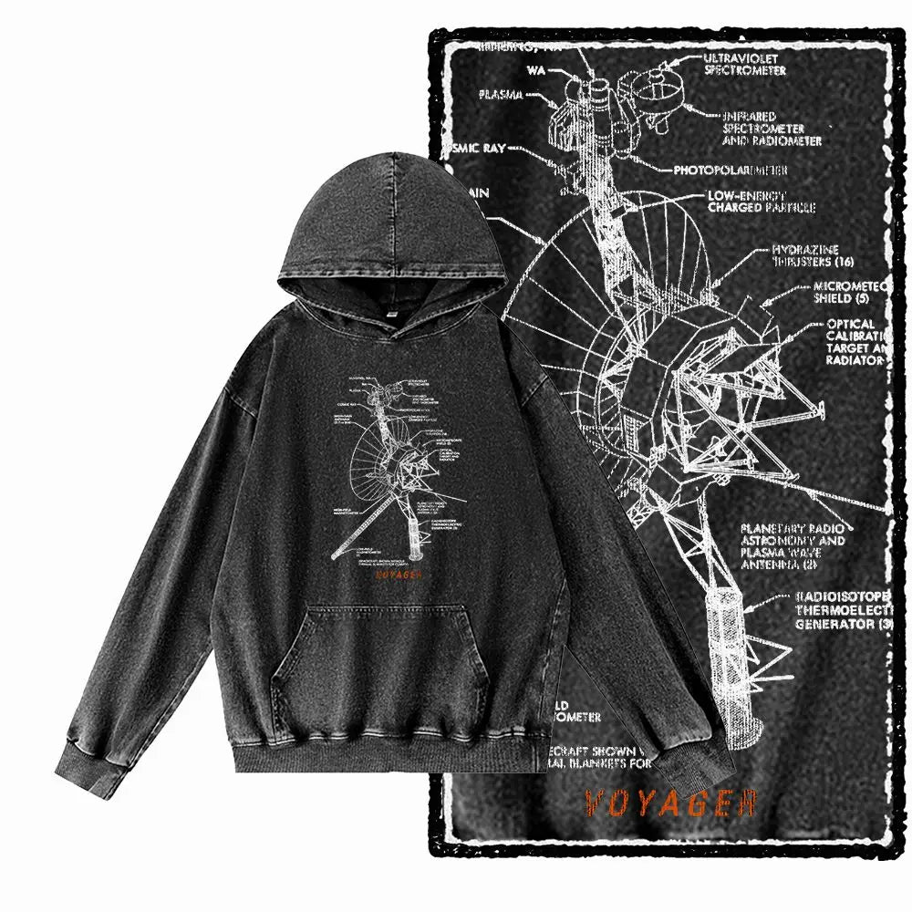 Cosmic Drift Space Graphic Acid-Washed Black Hoodie