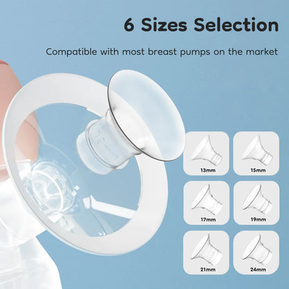 Breast pump compatibility feature with 6 size options on a blue background
