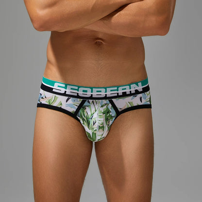 SEOBEAN Men's Printed Briefs Comfortable Breathable Underwear with U Convex Pouch Stylish Triangle Design