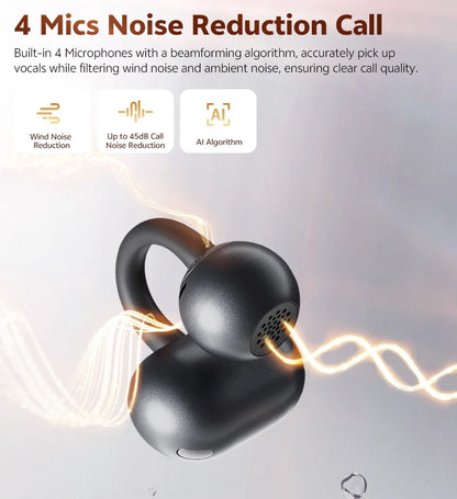 QCY CT06 Open Ear Wireless Earbuds with 4-Mic Calls and Bass Boost - Bluetooth 6.0 Clip-On Sports Headphones with 35 Hours Playtime - ShopHub