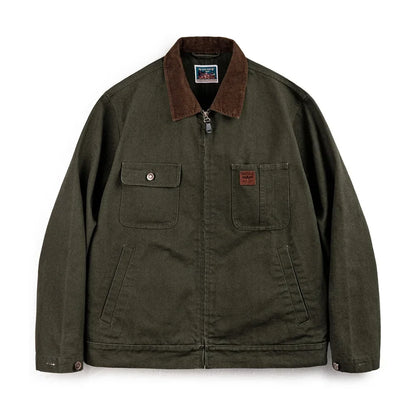 Maden Retro Heavyweight Canvas Detroit Jacket Corduroy Collar Hunting Short Zip-Up Jacket with Pockets Men's Autumn Outerwear