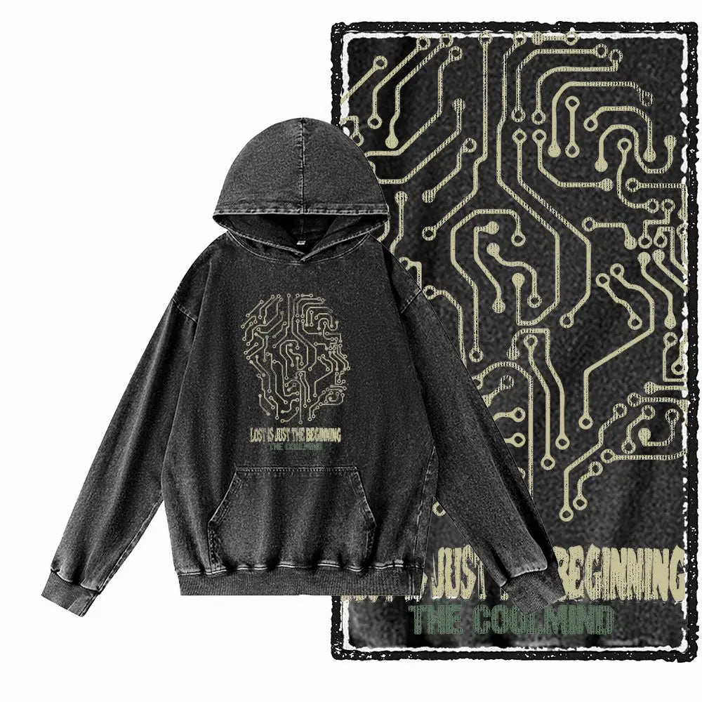 G09 Creative Graphic Acid-Washed Black Hoodie