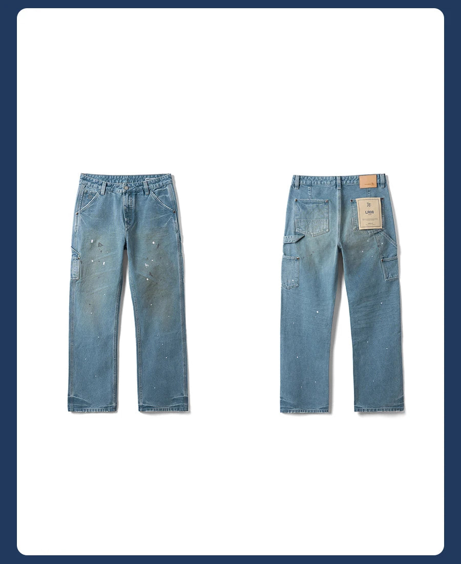 SIMWOOD High Standard 2026 Autumn New Loose Relax 12oz Fabric Denim Logger Pants Men Outdoor Workerwear Paint Splatter Jeans