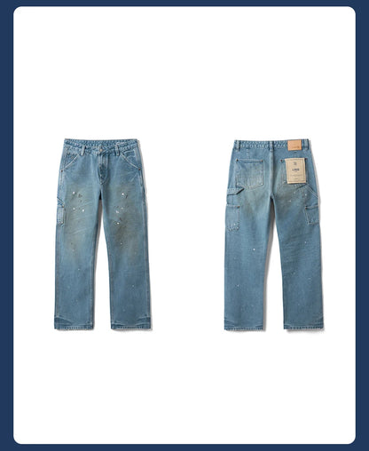 SIMWOOD High Standard 2026 Autumn New Loose Relax 12oz Fabric Denim Logger Pants Men Outdoor Workerwear Paint Splatter Jeans
