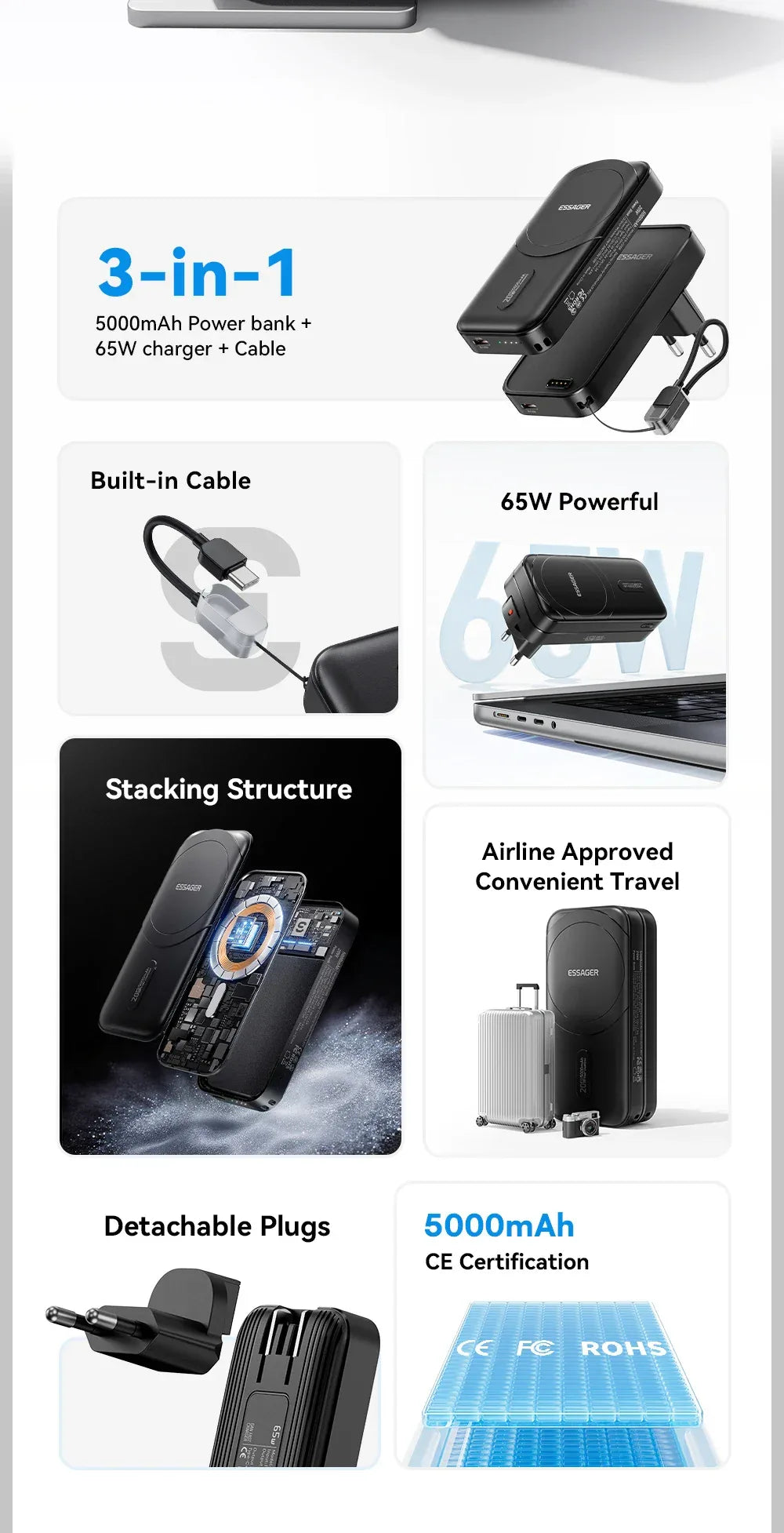 【NEW】Essager 3-in-1 Magnetic 65W GaN Charger and Wireless Power Bank - ShopHub