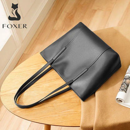 FOXER Split Leather Shoulder Bag for Women Simple Large Capacity Tote Lady Classic Black Handbag Gift for Wife, Lover