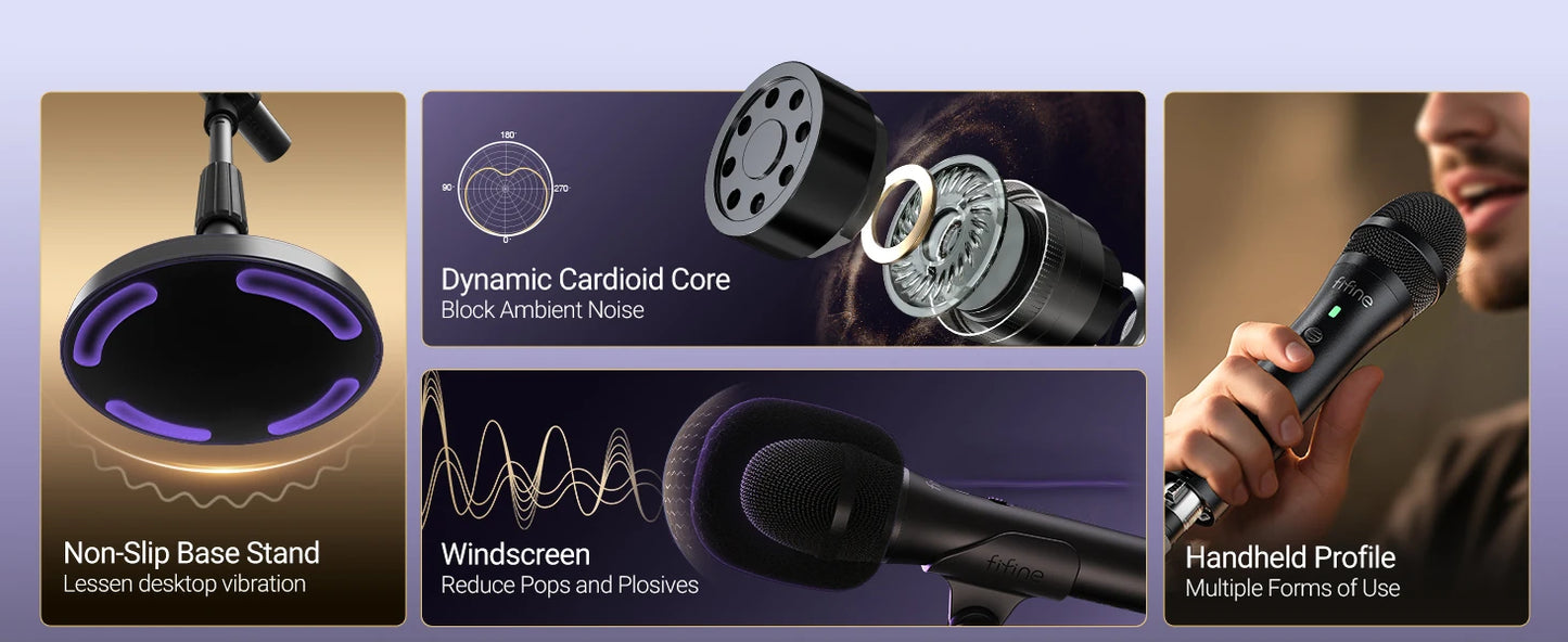 A promotional collage showing a black handheld desk fan with purple airflow rings, close-up views of the fan head and windscreen, and a person holding the fan near a microphone. Text highlights features such as non-slip base stand, dynamic cardioid core, windscreen, and handheld profile.