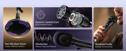 A promotional collage showing a black handheld desk fan with purple airflow rings, close-up views of the fan head and windscreen, and a person holding the fan near a microphone. Text highlights features such as non-slip base stand, dynamic cardioid core, windscreen, and handheld profile.