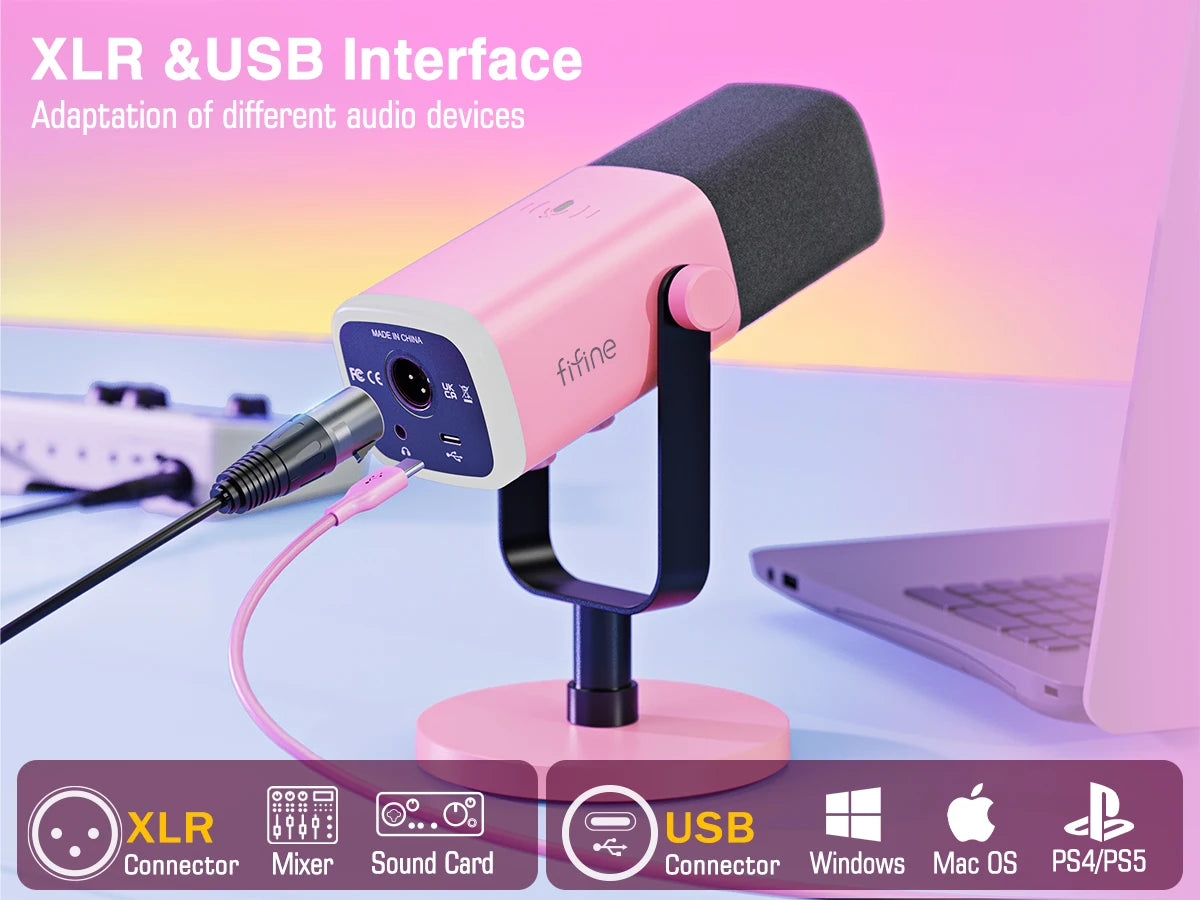 FIFINE USB/XLR gaming microphone on a stand, black color, with adjustable arm and pop filter for clear streaming audio.