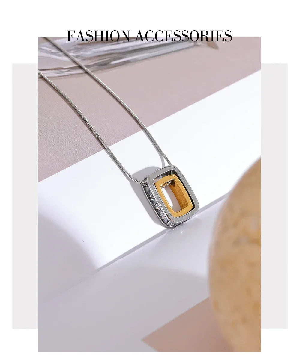 316L Stainless Steel Square Hollow Double Layered Overlay Pendant Necklace - ShopHub
