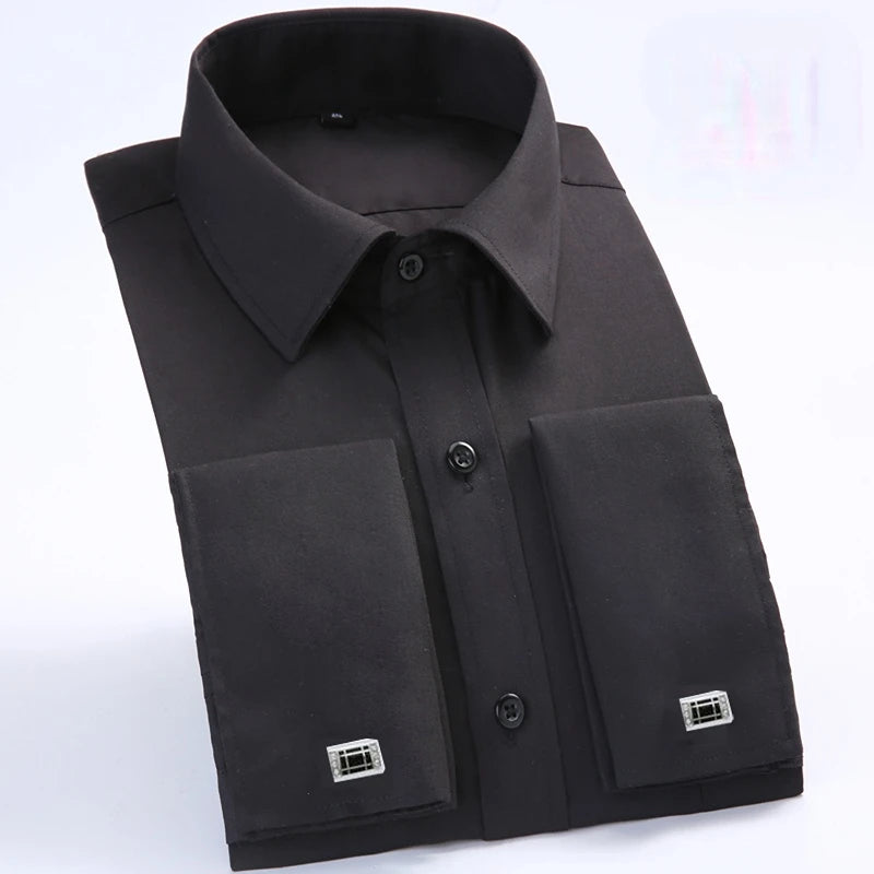 Quality Gentle Formal Men's Dress Shirt with French Cuff, Long Sleeve Solid & Striped Styles, Plus Size & Cufflinks Included