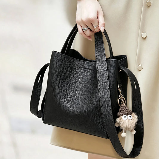 FOXER Soft Leather Bucket Bag for Women Simple Genuine Leather Shoulder Bag Female Casual Handbag Daily Work Crossbody Purse