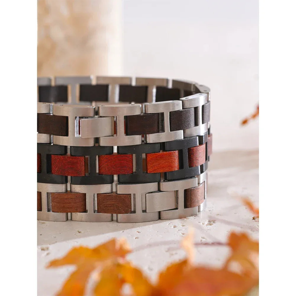 22cm Stylish Unique Stainless Steel Natural Wood Chain Men's Classic Bracelet - ShopHub