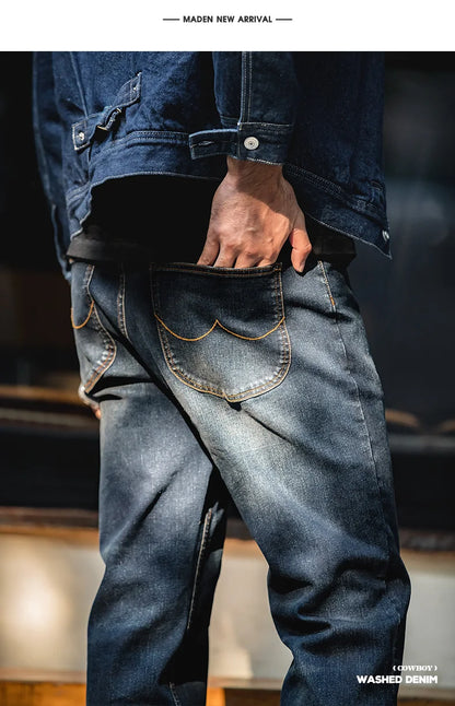 Maden Men's Vintage 11.5oz Denim Washed Straight Jeans